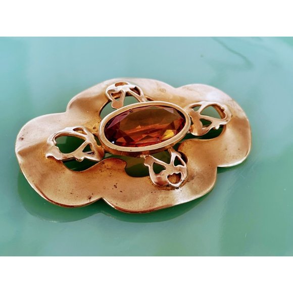 Antique Brass Gilt Large Brooch With Brown Glass Stone - Picture 8 of 8